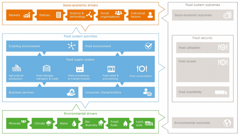 Source: Van Berkum, Dengerink and Ruben (2018). The food systems approach: sustainable solutions for a sufficient supply of healthy food, Wageningen Economic Research. Source: Van Berkum, Dengerink and Ruben (2018). The food systems approach: sustainable solutions for a sufficient supply of healthy food, Wageningen Economic Research.
