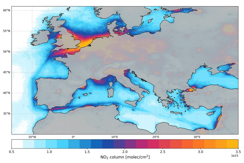 Figure 2: NO2 pollution due to seagoing ships in Europe Figure 2: NO2 pollution due to seagoing ships in Europe