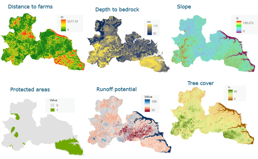 Maps of input indicators of rain water harvesting for irrigation like distance to farms, depth of bedrock, slope, protected areas, runoff potential and tree cover. Maps of input indicators of rain water harvesting for irrigation like distance to farms, depth of bedrock, slope, protected areas, runoff potential and tree cover.