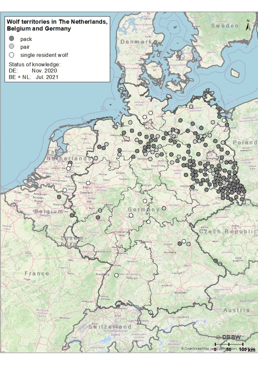 Map of wolf territories in the Netherlands, Germany and Belgium Map of wolf territories in the Netherlands, Germany and Belgium