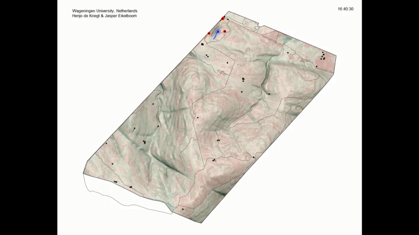 Screenshot of an animation that demonstrates our classification algorithm for the detection of fleeing animals. The screenshot displays the fenced area in Welgevonden Game Reserve (South Africa) with a ranger pretending to be a poacher (blue), undisturbed animals (black), and classified fleeing animals (red). Screenshot of an animation that demonstrates our classification algorithm for the detection of fleeing animals. The screenshot displays the fenced area in Welgevonden Game Reserve (South Africa) with a ranger pretending to be a poacher (blue), undisturbed animals (black), and classified fleeing animals (red).