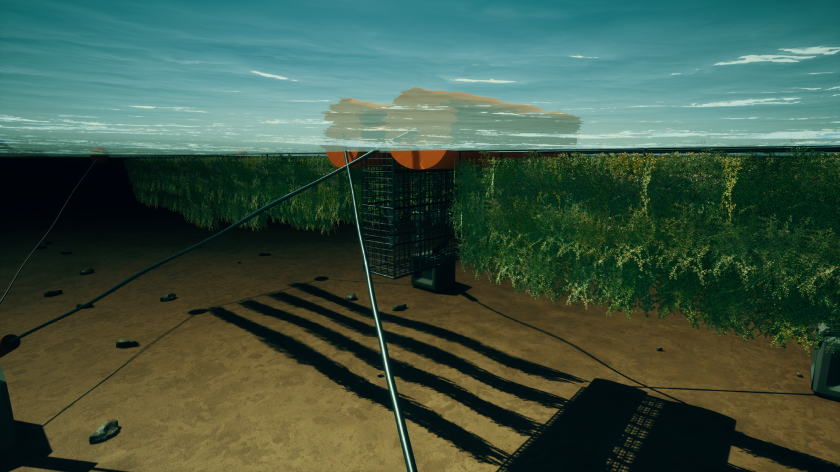 The construction of a living breakwater from an underwater perspective: in the centre are the cages that give shelter to crustaceans such as oysters and mussels. Image: Team ReShore. The construction of a living breakwater from an underwater perspective: in the centre are the cages that give shelter to crustaceans such as oysters and mussels. Image: Team ReShore.