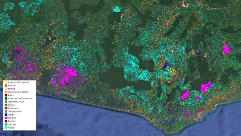 Example of cocoa, palm oil and rubber farms in Ghana. Only a few patches of forest remain. Example of cocoa, palm oil and rubber farms in Ghana. Only a few patches of forest remain.