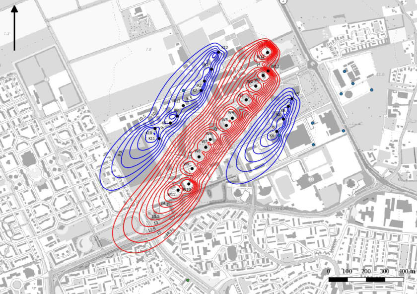 Figure 2. Warm and cold streets with the wells (including 6 future wells) on Wageningen Campus Figure 2. Warm and cold streets with the wells (including 6 future wells) on Wageningen Campus